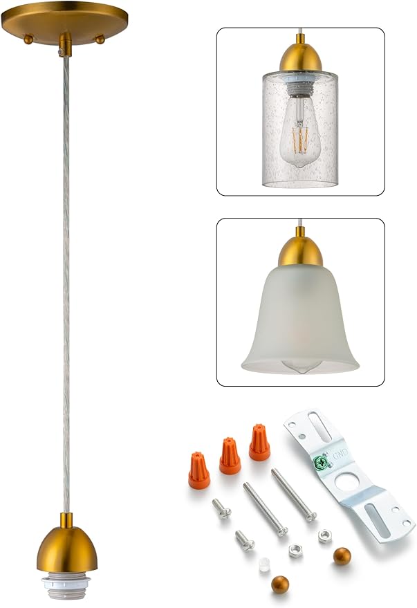 Small Pendant Light Kit - Gold, Single Island Lights for Kitchen, DIY Make Modern & Farmhouse Pendant Lights, Hanging Light Fixtures Ceiling Mount, Adjustable Height （Shade and Bulb Not Included）