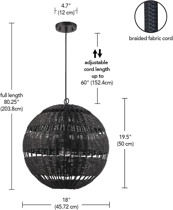 GLOBE Electric Novogratz x 65838 Beth 1-Light Pendant Lighting, Matte Black, Bulb Not Included