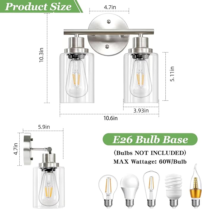 2-Light E26 Bathroom Light Fixtures, Modern Brushed Nickel Vanity Lights for Bathroom with Clear Glass Shade, Mirror Kitchen Hallway Cabinet Living Room Sconces Wall Lights