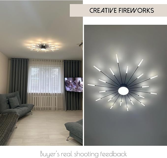 Modern Ceiling Light, 20+1 Lights Black Metal Firework Designed Led Lighting Fixture for Farmhouse Kitchen Dining Room Bedroom Hallway Living Room Sputnik Unique Chandelier