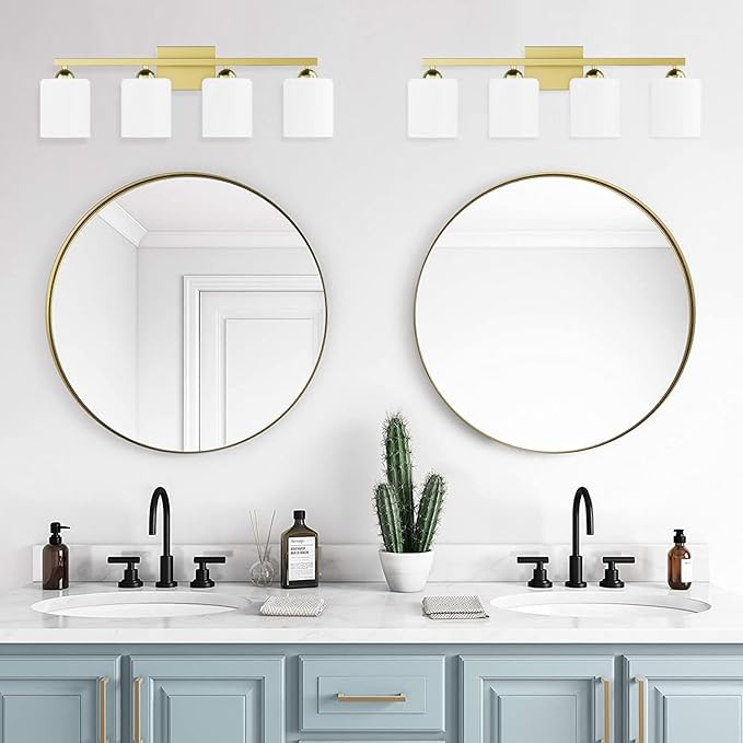 Quntis Gold Bathroom Light Fixtures 5 Colors Adjustable, 4-Light LED Bathroom Vanity Lighting with Milky White Frosted Glass Shade, Energy-Saving Light Over Mirror 28.3 inch