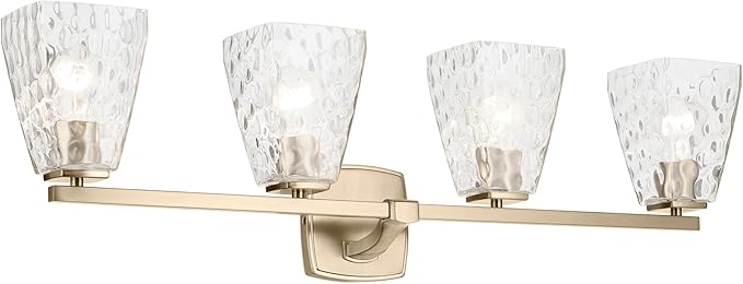 Kichler Marant 4-Light Bathroom Vanity Light Fixture with Clear Water Glass in Champagne Bronze for Over Mirror, Modern Wall Mount Lighting (33.25" x 9.5" x 6.75"), 55217CPZWTR