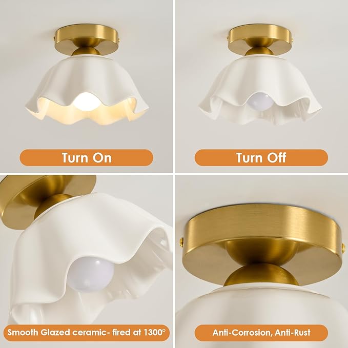 Glaze Ceramic Semi Flush Mount Ceiling Light - 2 Pack, Vintage Gold Hallway Light Fixtures, Flower White Globe Ceiling Lights, Mid Century Small Light Fixture for Cottage Entryway Laundry Room Foyer