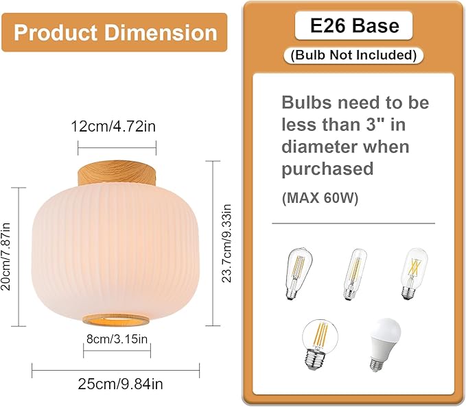 EDISLIVE Mid Century Modern Ceiling Light 9.8" Frosted Milk Glass Flush Mount Lighting Wood Ribbed Glass Light Fixture E26 Minimalist Small Ceiling Light for Hallyway Foyer Bedroom