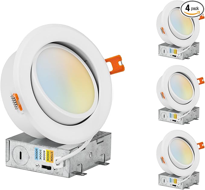 PROCURU [4-Pack] 4-Inch Gimbal Air-Tight LED 2700K-6000K 5CCT Color Selectable, Adjustable Rotate & Swivel Ultra-Thin Heavy Duty Recessed Ceiling Downlight, Dimmable, IC Rated (V4SL-GB-5W-4P)
