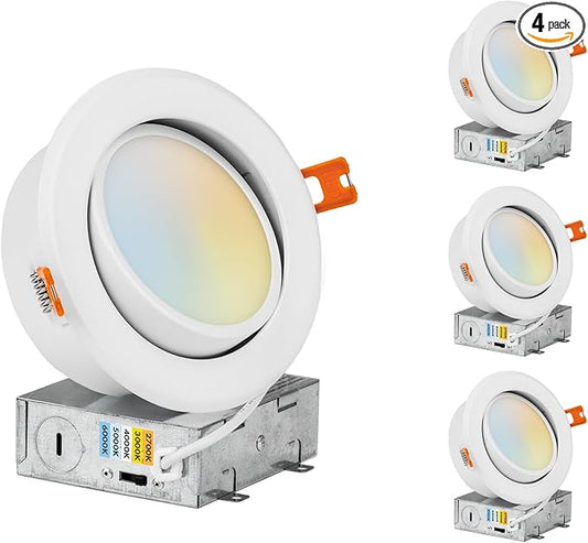 PROCURU [4-Pack] 4-Inch Gimbal Air-Tight LED 2700K-6000K 5CCT Color Selectable, Adjustable Rotate & Swivel Ultra-Thin Heavy Duty Recessed Ceiling Downlight, Dimmable, IC Rated (V4SL-GB-5W-4P)