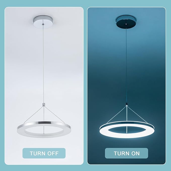 CHYING LED Pendant Lights Kitchen Island, 11.8" 15W Cool White Modern Ring Chandelier, Adjustable Height Silver Hanging Pendant Ceiling Light for Dining Room Bedroom Hallway Entryway, 6500K