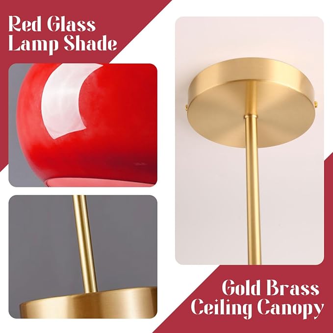 Hallway Ceiling Light Fixtures Glass Semi Flush Mount Ceiling Light with Red Dome Shade, Mid Century Modern Semi Flush Mount Lamp for Bedroom Dining Room Gold Brass Lights Fixture
