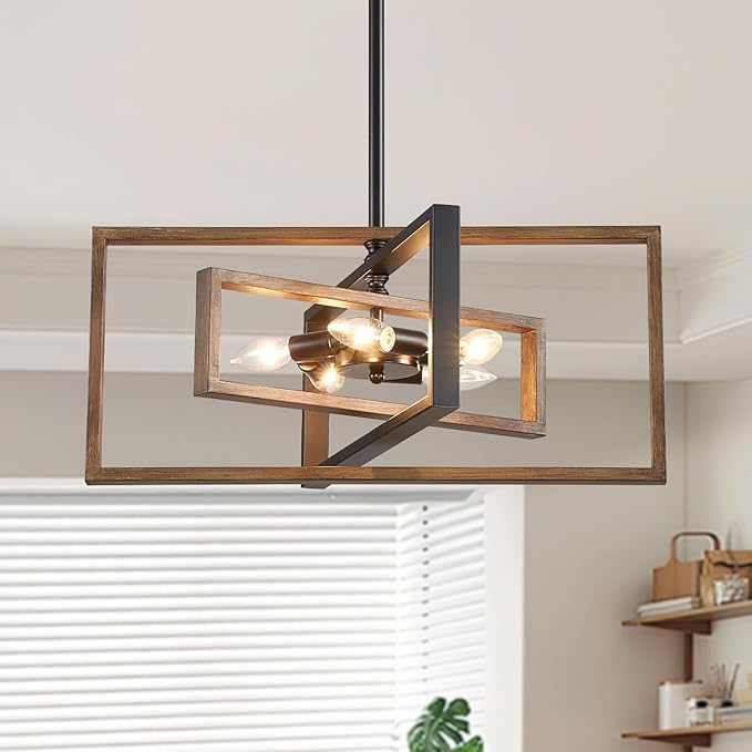Farmhouse Chandelier, 5-Light Geometric Ceiling Light Fixture, 22" Adjustable Height Pendant Lighting for Living Room Foyer Entryway Dining Room Faux Walnut Grain