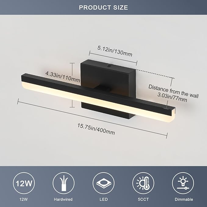 LED Modern Bathroom Vanity Light Fixtures Dimmable 5CCT 12W Lights Over Mirror Black Wall Light Bar for Bathroom 15.7 inch ETL Certificated