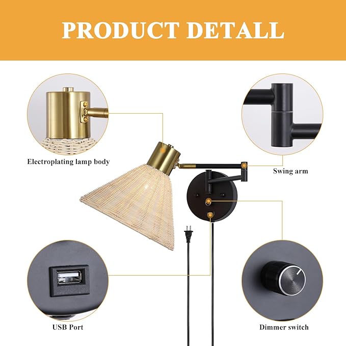 Plug in Rattan Wall Sconce Swing Arm Wall Lamp with USB Port and Dimmer Switch Hand-Woven Boho Rattan Wall Mounted Lamp Suitable for Hallway Bedroom Living Room.Balck