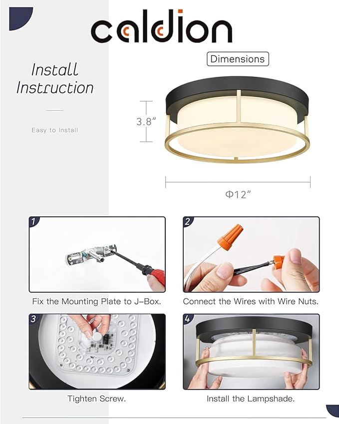 LED Modern Ceiling Light Fixture, 12 Inch 24W 1100Lumens Flush Mount Ceiling Lamp, Dimmable 3000K Matte Black Finish Gold Metal Frame with Frosted Glass Cover Close to Ceiling Light