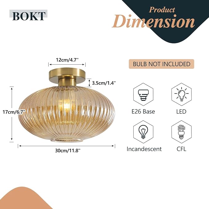 BOKT Brass Gold Semi Flush Mount Ceiling Lighting Amber Modern Schoolhouse Light Fixture Globe Glass Industrial Close to Ceiling Light with Glass Shade for Bathroom Entryway Farmhouse
