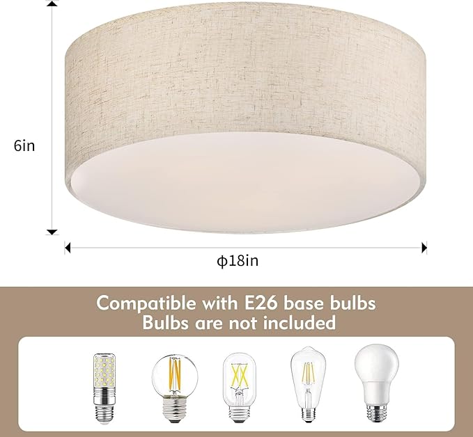 18'' Flush Mount Ceiling Light Modern Farmhouse Drum Ceiling Light Fixture with Linen Fabric Shade 3-Light Drum Ceiling Lighting Round Semi Flush Lighting for Bedroom Hallway Living Room