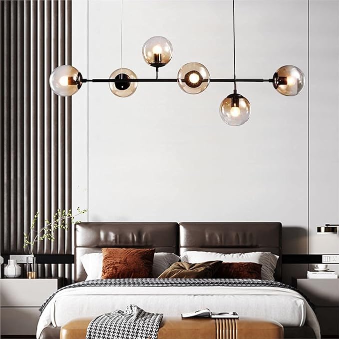 BOKT Modern 6-Light Hanging Light Glass Ball Pendant Light Kitchen Island Linear Pendant Light Dining Room Chandelier for Iving Room Dining Hall