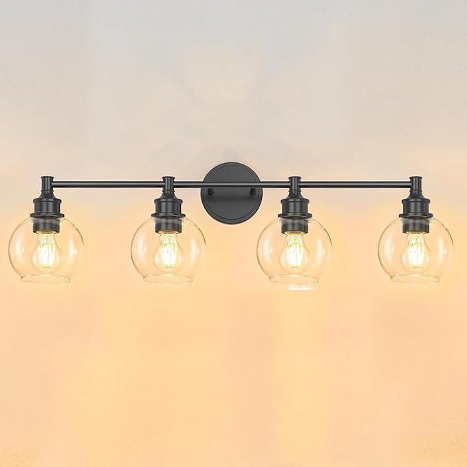 Bathroom Light Fixtures, 4-Light Matte Black Vanity Light Globe Glass Shades, Bathroom Lighting Fixtures Over Mirror, Wall Sconces for Master Bathroom, Guest Bathroom, Powder Room, 28-inch