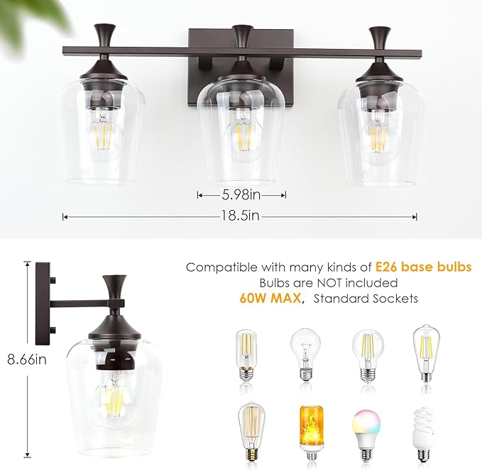 3 Light Bathroom Vanity Light - Coffee Bathroom Lighting Fixtures Over Mirror, Modern Wall Sconces with Transparent Glass Lampshade for Bedroom Living Room Kitchen Cabinet Stair Hallway