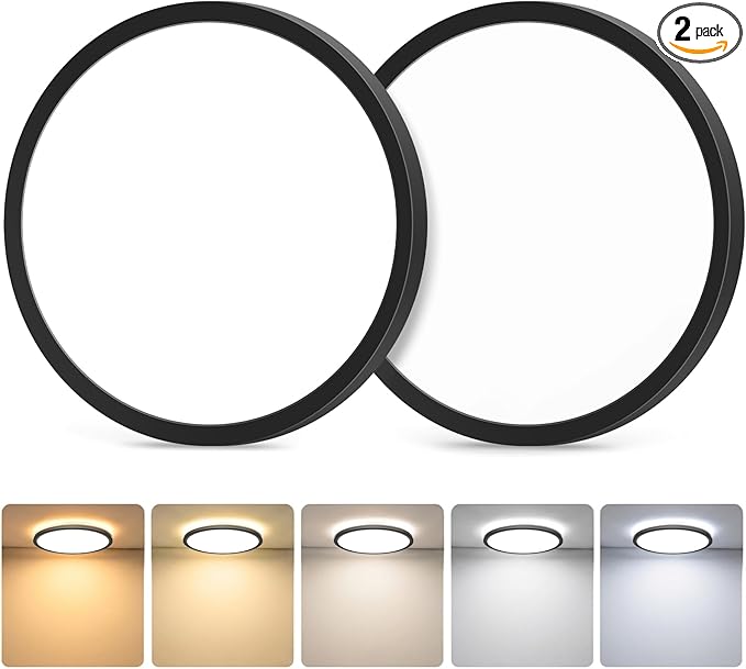 GoBright 2-Pack 15W Dimmable LED Flush Mount Ceiling Lights, 7 Inch 1800LM Ultra Thin Round Light Fixtures Ceiling Mount, 2700K-6500K 5CCT Selectable, Modern LED Lamps for Stairwell, Basement, Black