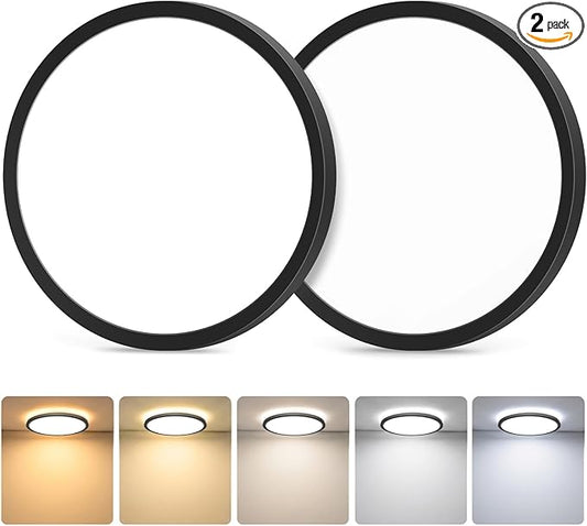 GoBright 2-Pack 15W Dimmable LED Flush Mount Ceiling Lights, 7 Inch 1800LM Ultra Thin Round Light Fixtures Ceiling Mount, 2700K-6500K 5CCT Selectable, Modern LED Lamps for Stairwell, Basement, Black