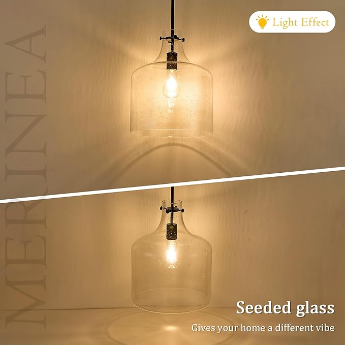 12" Black Seeded Glass Pendant Light Modern Hanging Ceiling Light for Kitchen Island Dining Room Hallway Farmhouse Hand-Blown Bubble Glass Lighting, E26 Socket