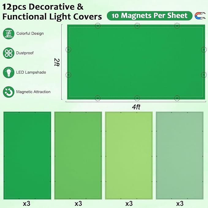 QOUBAI 12PCS Fluorescent Light Covers, 4x2 Feet Magnetic Light Cover Fluorescent Lights Shade Panel Positive Inspirational Ceiling Lights Filters for Office Classroom Home Drop Ceiling Green