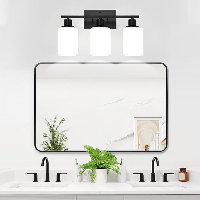MOKATNG 3-Light Bathroom Light Fixtures, Vanity Light with Milky White Shades, Matte Black Bathroom Light Fixtures Over Mirror, Modern Bathroom Wall Lamp for Mirror Living Room Cabinet Bedroom