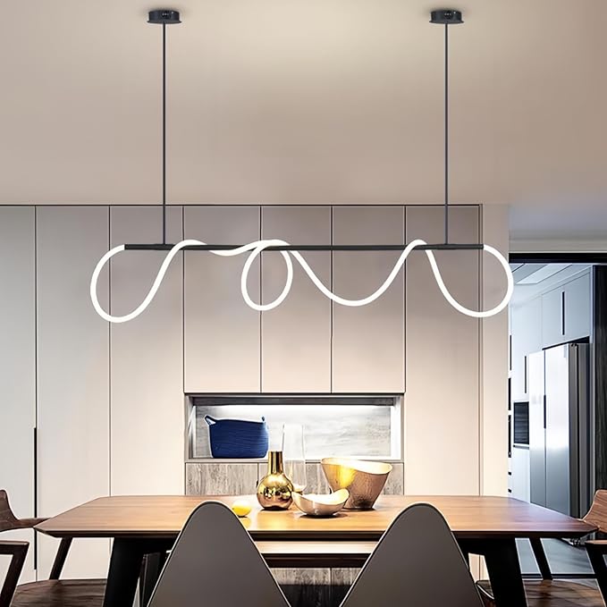 47" Pendant Lights Kitchen Island, 21W LED Dimmable Chandelier with Remote Control, Aluminum Linear Hanging Light Fixture for Dining Room Kitchen Island Bar (Black, 47 in)