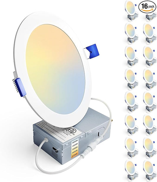 Ensenior 16 Pack 6 Inch LED Recessed Ceiling Light, Dimmable, 2700K-5000K 5CCT, 1050LM 12W 120V, High Brightness Canless Wafer Downlight - ETL&FCC&IC