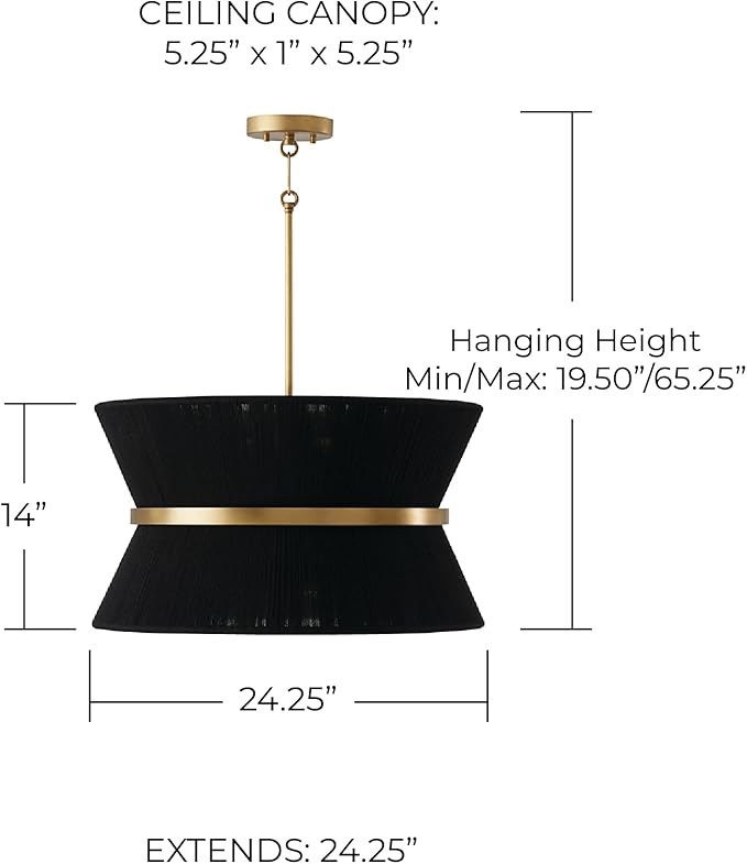 Capital Lighting 341281KP Cecilia Transitional Art Deco Luxe Hand-Wrapped Black Rope Tapered Pendant Light Fixture, 8-Light 480 Total Watts, 14" H x 24" W, Patinaed Brass