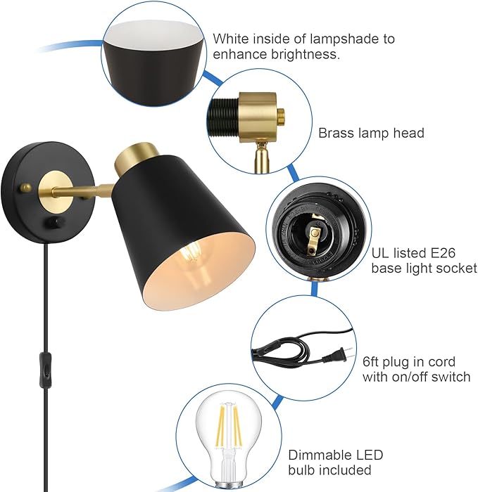VATONI Plug in Wall Sconce, Dimmable Wall Sconce Adjustable Wall Lights with Plug in Cord and Dimmer On/Off Rotary Switch, Wall Mounted Light for Bedside Bedroom Doorway(One Bulb Included)