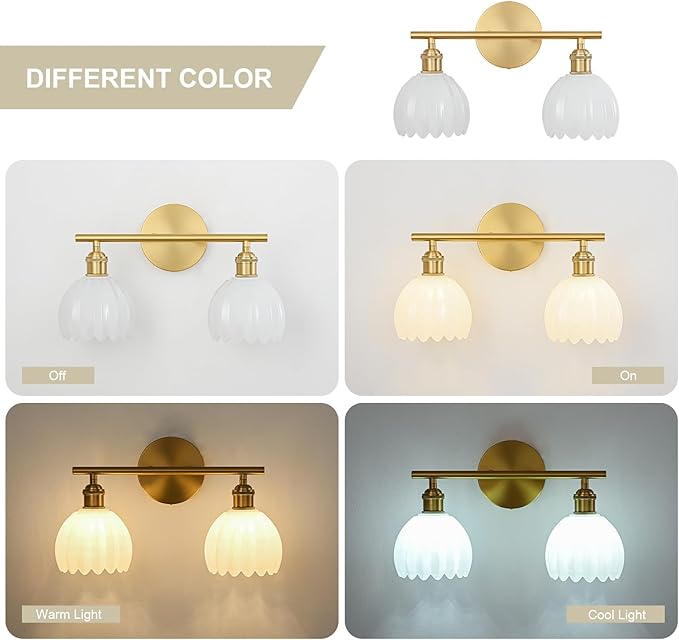 Gold Bathroom Light Fixtures Over Mirror, 2 Light Bathroom Vanity Light Fixture with Tulip Milk White Glass Lampshade, Vintage Vanity Lights for Bathroom, Bathroom Vanity Lights Over Mirror