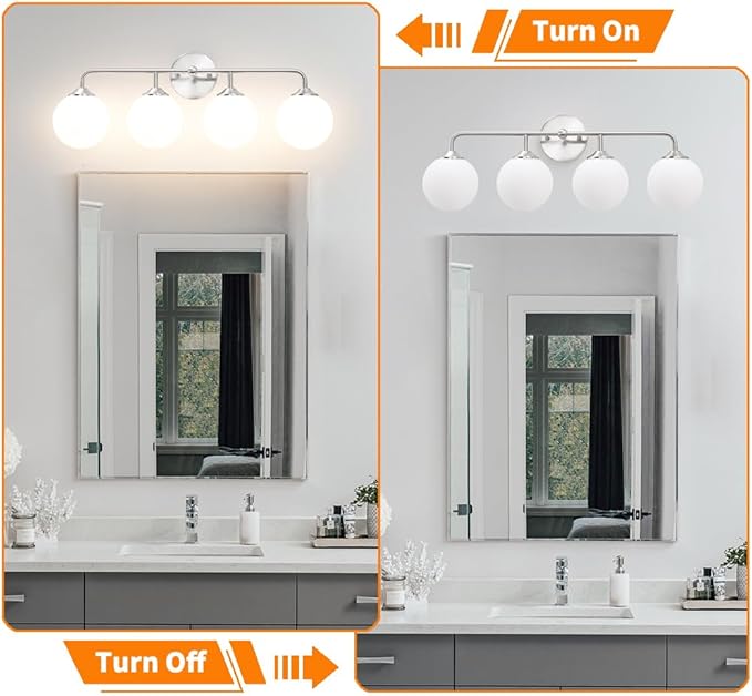 Modern 4-Lights Brushed Nickel Vanity Lights Over Mirror, Bathroom Lighting Fixtures with Milk White Globe Glass Shade, Industrial Bathroom Wall Sconce for Dressing Table Bedroom Living Room