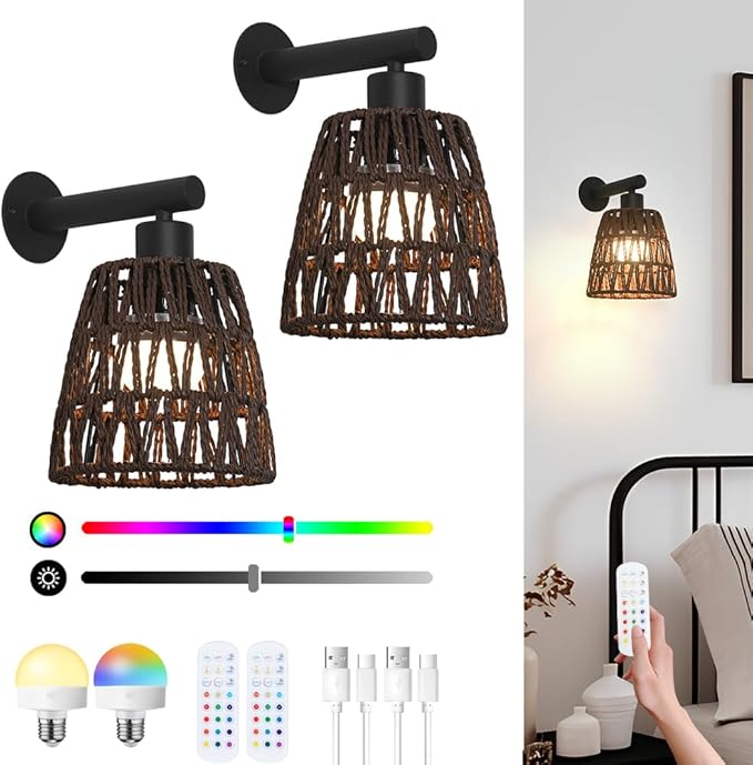 Boho Battery Operated Wall Sconce Set of 2, Brown Rattan Rechargeable Wall Lights with Dimmable Bulbs and Remote,15 Colors Wireless Wall Lamps for Bedroom Living Room Hallway Decor