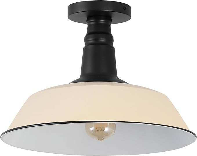 JONATHAN Y 14" Matte Almond/Black 1-Light Industrial LED Semi Flush Mount Ceiling Light for Porch, Kitchen, Entryway, Modern Farmhouse Iron Fixture, White Metal Shade, LED Bulb Included (JYL7617J)