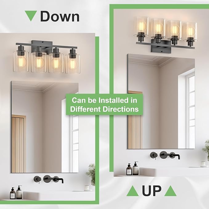 Bathroom Lights Over Mirror, 4-Light Black Vanity Light for Bathroom, 24Inches Anti-Rust Modern Wall Sconce, Standard E26 Base, Clear Glass Shades, Bulbs Not Included