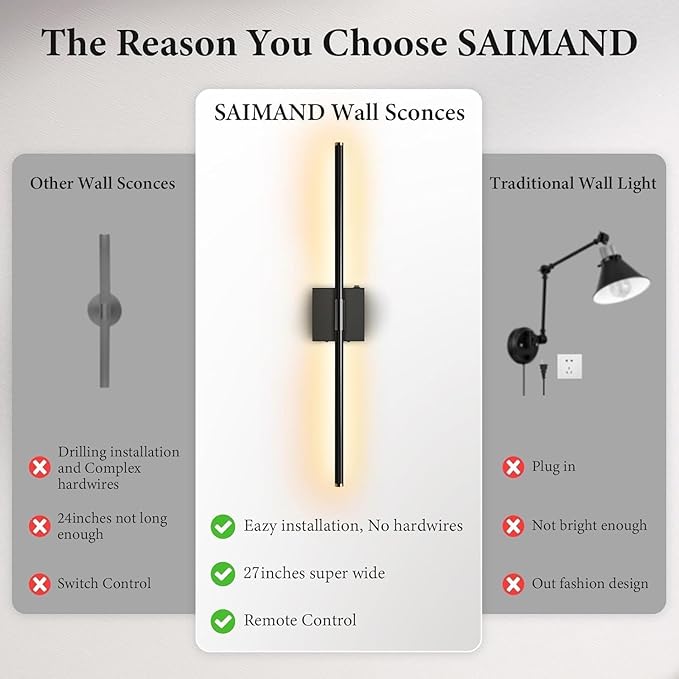 SAIMAND Wall Sconces Set of 2 Battery Operated, Wireless USB 8000mAh Rechargeable Wall Lights with Remote Control,3000K-6000K LED Dimmable Decor Lamp for Living Room,Bedroom,Hallway (27in Black)