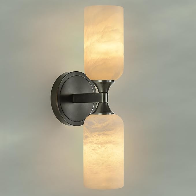 Alabaster Wall Sconce, Solid Brass Bronze Finish Sconce with Natural Spanish Alabaster, 14.4 in Bathroom Vanity Lights, Hardwired Wall Lamp for Bedroom Hallway Staircase, G9 LED Bulb