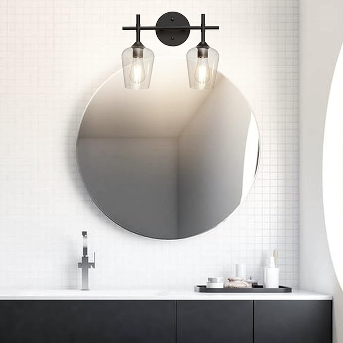 Ralbay Vintage Black Bathroom Light Fixtures 2-Lights Industrial Matte Black Finish with Clear Glass Black Vanity Lights Farmhouse Bathroom Vanity Lights Wall Sconce