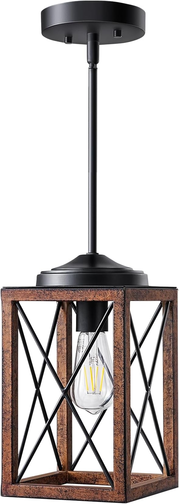 DEWENWILS Farmhouse Pendant Light, Metal Hanging Light Fixture with Wooden Grain Finish, 48 Inch Adjustable Pipes for Flat and Slop Ceiling, Kitchen Island, Bedroom, Dining Hall, E26 Base