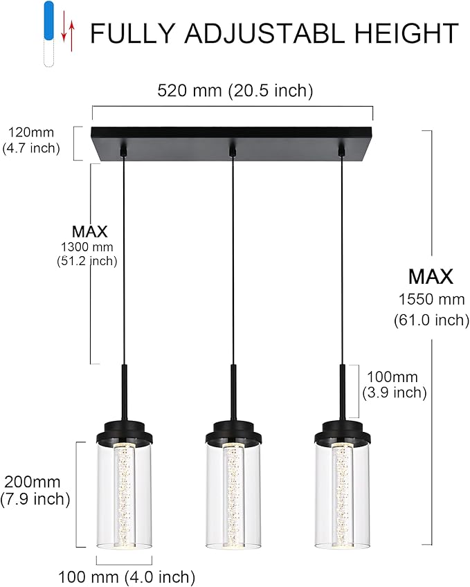 MELUCEE Dimmable LED Pendant Light 3-Light Linear Dining Room Light Fixture Over Table Black Chandelier, 3000K-6000K Adjustable Color Temperature Island Lights with Clear Glass Shade