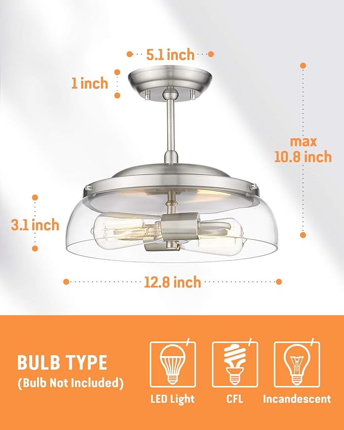 EAPUDUN Semi Flush Mount Ceiling Light, 2-Light Modern Light Fixture with Clear Glass Shade, Brushed Nickel Finish for Hallway Corridor Kitchen Bathroom Bedroom Passway, SMA1124-BNK