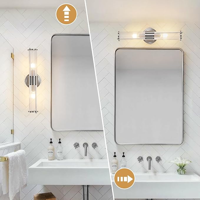 Bathroom Sconce Wall Lighting - Nickel Bathroom Vanity Light Fixture Vertical and Horizontal Wall Mount 2-Light Modern Indoor Wall Light for Hallway Living Room(E12 Bulbs Excluded)