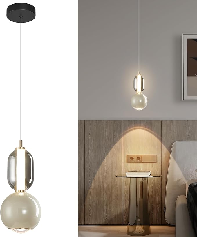Modern Glass Pendant Light, Griege Pendant Lighting LED Dimmable, Adjustable Pendant Lights Kitchen Island Dinning Room,Bedroom,Bar, Kitchen Island Ceiling Hanging Light Fixtures(1-Pack)