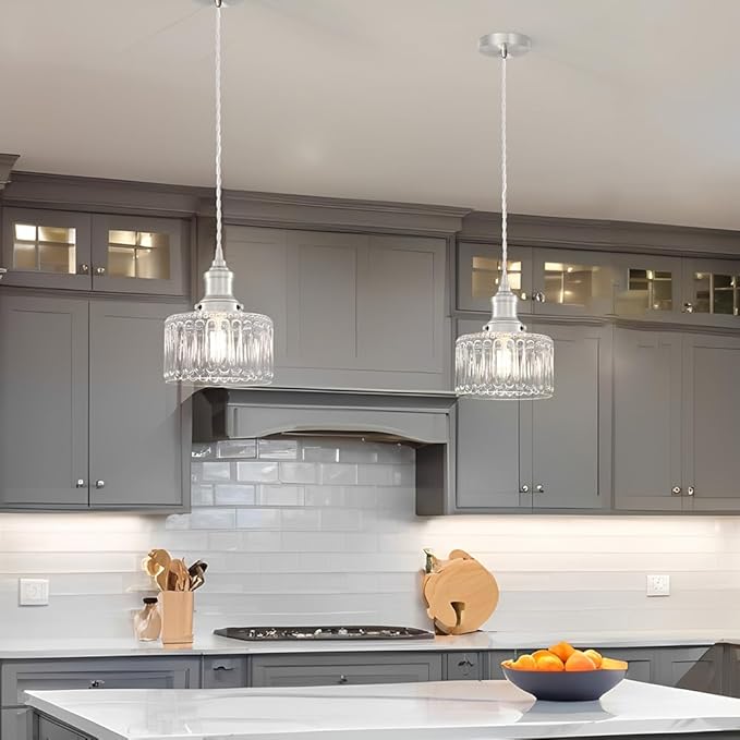 Brushed Nickel Pendant Lights Kitchen Island, Vintage Pendant Light Clear Striped Glass Lmapshade, Rustic Kitchen Pendant Lighting Over Island, Adjustable Hanging Light for Dining Room Hallway