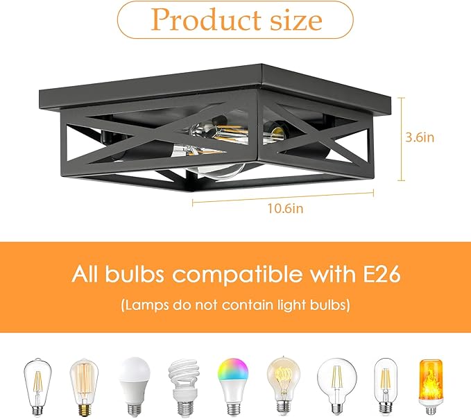 Black Flush Mount Ceiling Light Fixtures, 2-Pack Farmhouse Metal Cross Cage Semi Flush Mount Ceiling Light, 11 Inch Industrial Square Close to Ceiling Light for House Indoor Hallway Kitchen Bedroom