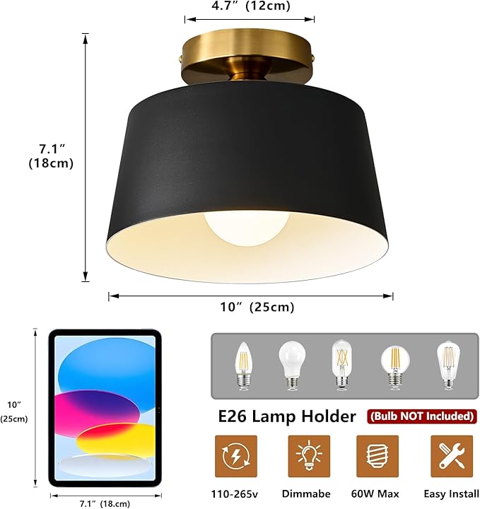 Modern Semi Flush Mount Ceiling Light 3 Pack,Metal Ceiling Light Fixture,E26 Ceramic Lamp Head,Black and Gold Ceiling Lamp for Hallway Kitchen Entryway Bedroom Laundry Room (10Inch)