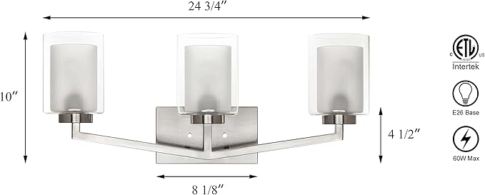XiNBEi Lighting Brushed Nickel Bathroom Vanity Light, Modern 3-Light Bathroom Light Fixture with Dual Glass Shade Iron Wall Sconce Lighting Over Mirror XB-W1294-3-BN