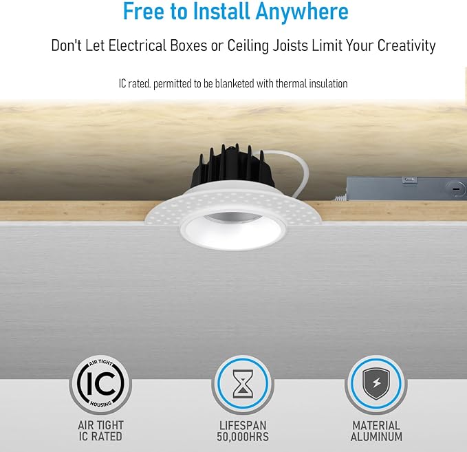 TORCHSTAR LED 2 Inch 13W 5CCT Recessed Lights with J-Box, Receessed Ceiling Light, Round Trimless Downlight, Dimmable, CRI 90, 2700-5000K Selectable, ETL, Pack of 4