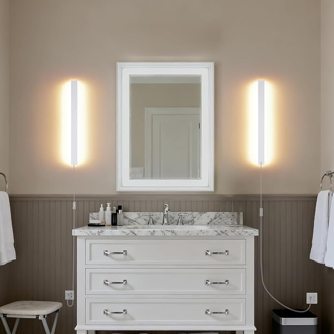 KELUOLY Modern Plug in Wall Sconces, 23.6 inch Frosted White LED Long Wall Lights, 12W Warm White 3000K Acrylic Indoor Wall lamp,with 59" Plug Cable for Bedroom, Living Room, Bathroom Makeup, Hallway