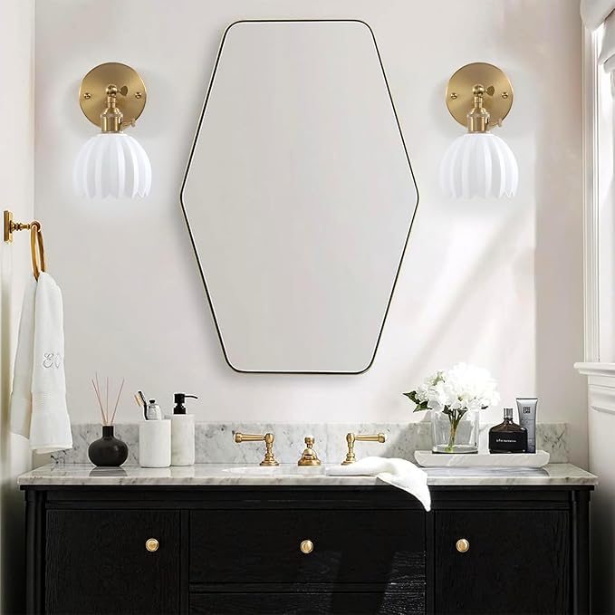 1-Light Gold Brass Bathroom Light Fixture,Wall Sconces Set of 2,Brushed Gold Vanlity Light Over Mirror,Bathroom Vanity Light with White Glass Flower Shade,E26 Socket(Bulbs Not Included)